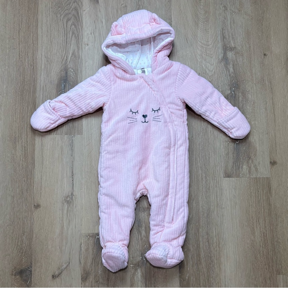 First Wish Cat Kitten Kitty Pink Snowsuit with Ears 9-12mo